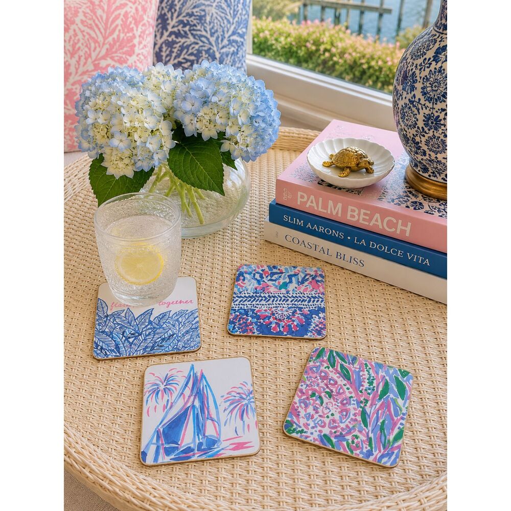 Set Of 4 Handmade Coasters Preppy Coastal Cottage Beachy Entertaining Hostess